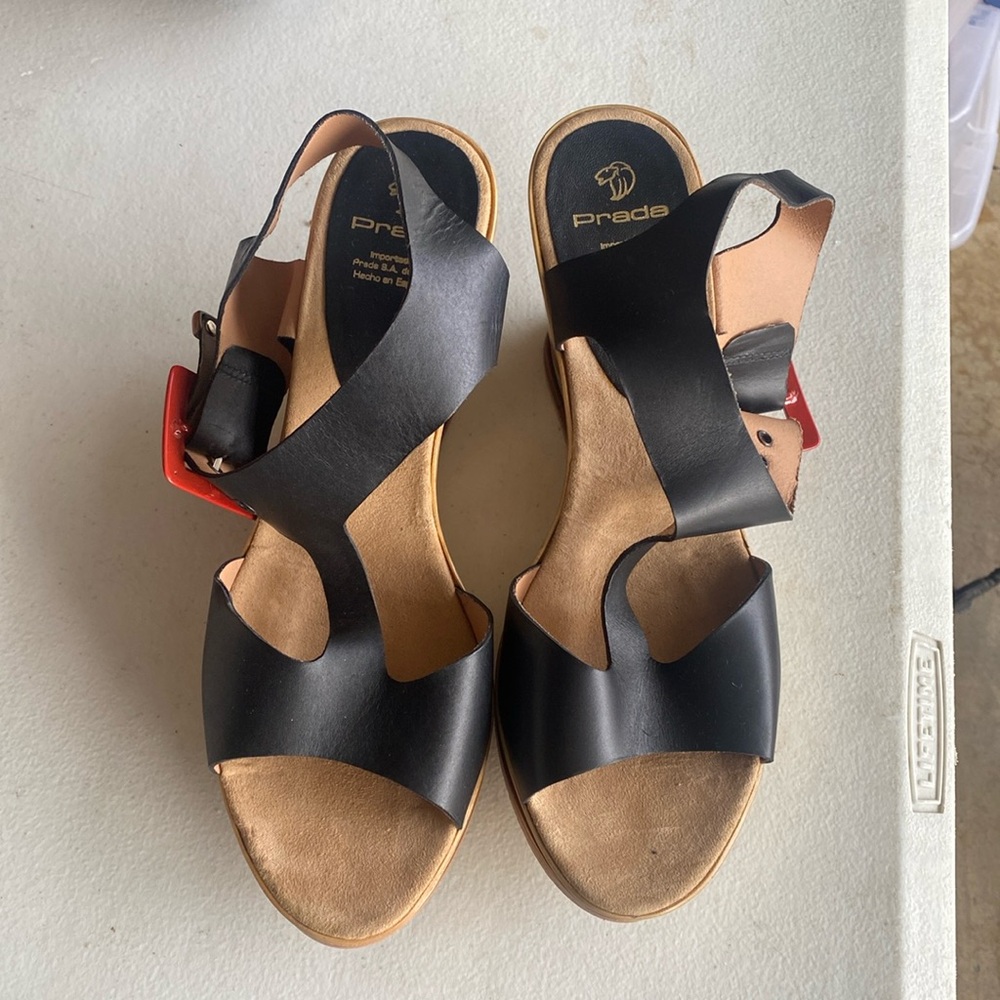 Authentic PRADA wedges. Tan bottom, black strap. Size 40
